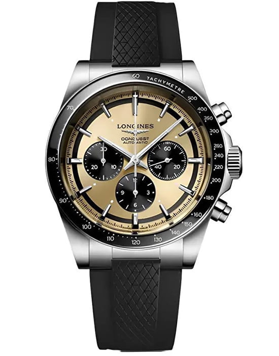 Longines Longines Conquest L3.835.4.32.9  L38354329 механические мужские часы желтый циферблат, браслет каучук — вид спереди